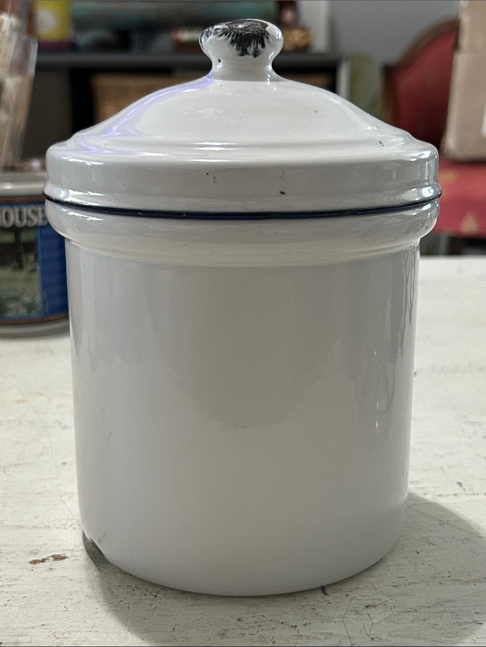 Vintage White Ceramic Canister with Lid and Blue Trim